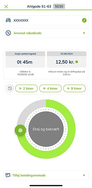 Hvad er APCOA FLOW? Forside af APCOA FLOW-app. Vælg den tid du ønsker at parkere og se din pris